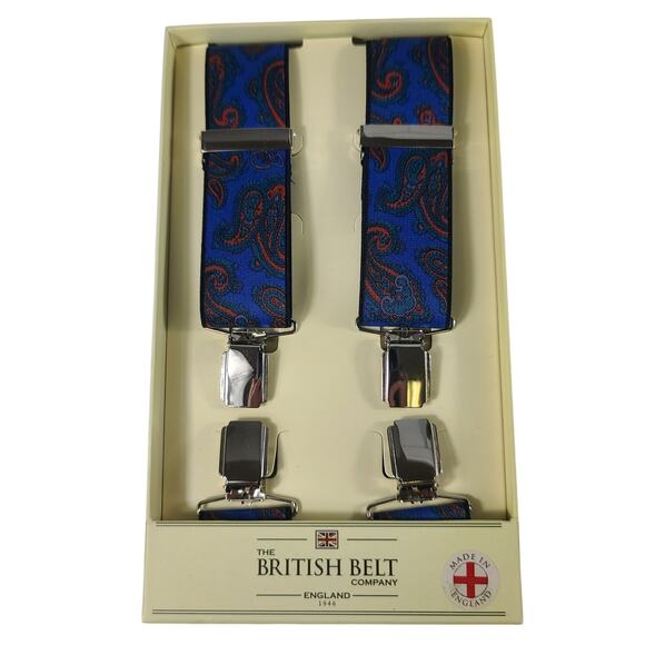 The British Belt Company England Blue Red Black Paisley 2 Clip Suspenders NEW - Picture 1 of 2